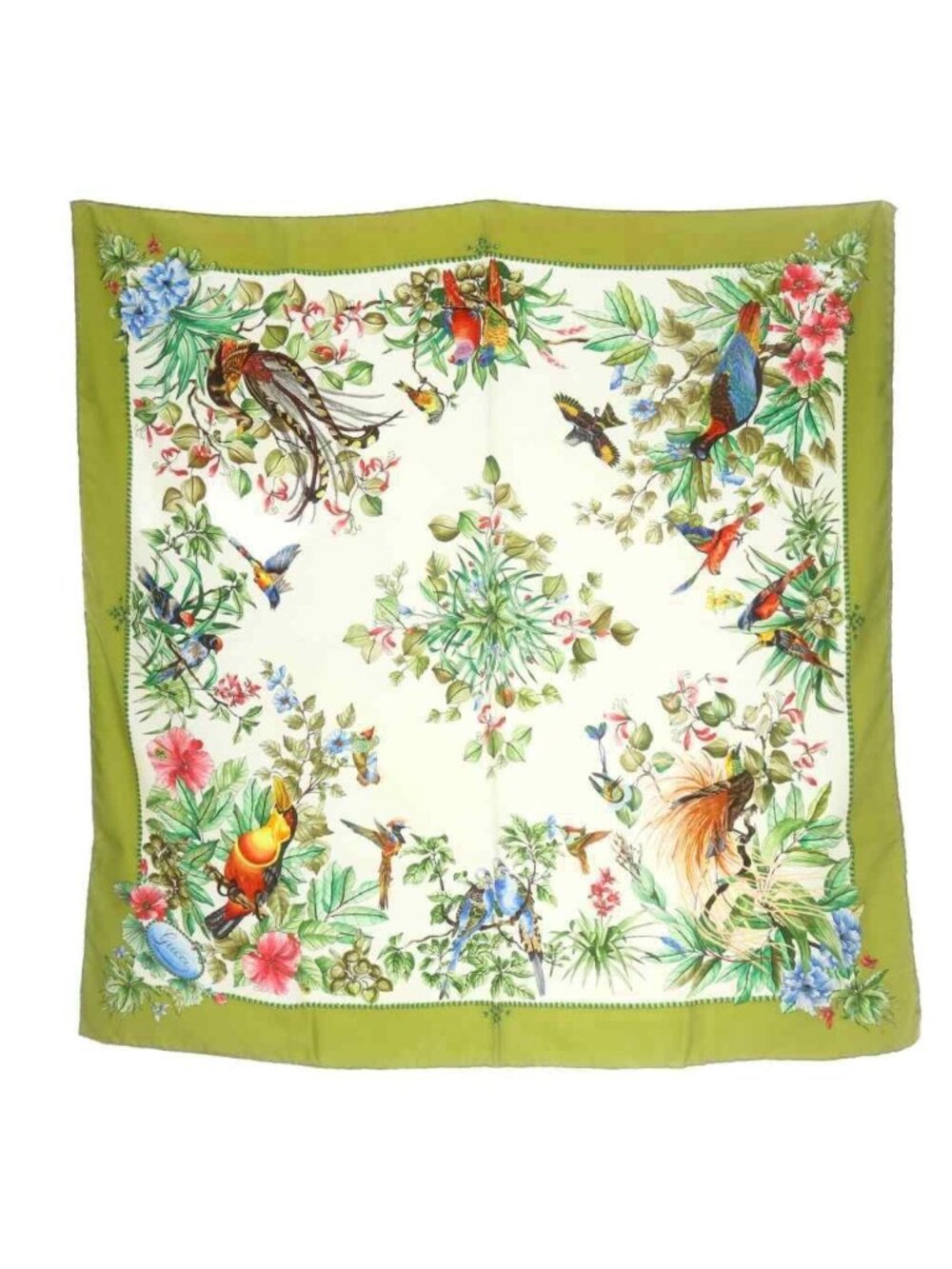 Gucci Scarf Bird All Over Pattern Flower Green White
